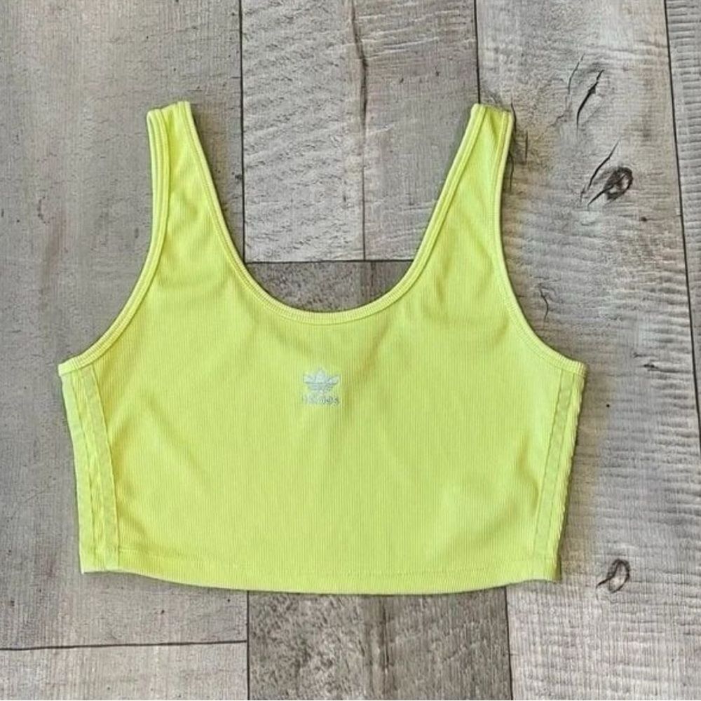 Adidas Originals Neon Yellow Ribbed Crop Tank Top Trefoil Logo Large